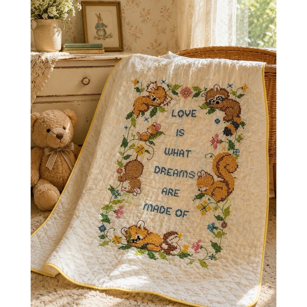 Vintage Handmade Cross Stitch Baby Quilt Woodland Animals Nursery Blanket 39x58